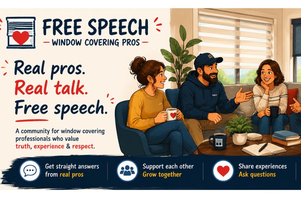 Screenshot of the Free Speech Window Covering Pros Facebook group, showing where to get advice for window covering businesses