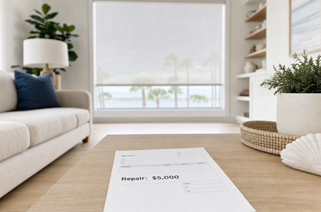 Emergency fund reminder for installers: perfect roller shade job with a “Repair: $5,000” invoice in the foreground